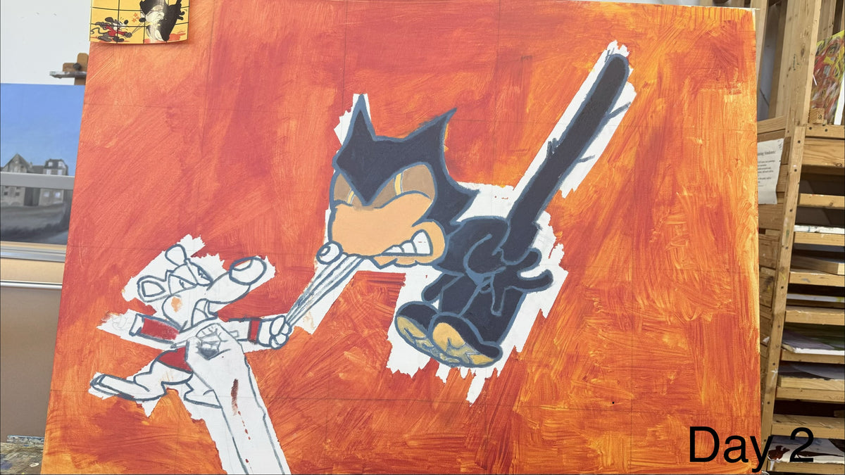 A square canvas painting featuring stylized cartoon characters on a textured orange background, photographed in an outdoor or studio setting with visible surroundings and a 'Day 2' text overlay in the bottom right corner.