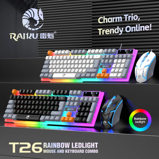 RAIKU T26 rainbow LED light keyboard and mouse combo with colorful backlighting on a dark background.