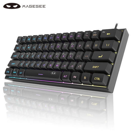 Mechanical keyboard with RGB lighting on a white background, featuring the MAGEGEE brand.